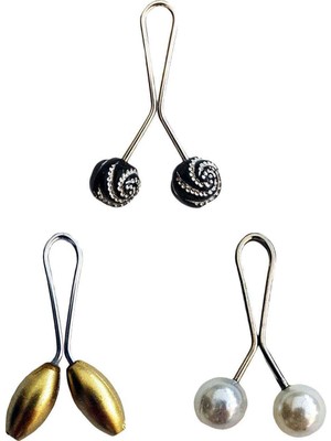 Pileli Store 3 Adet Tesettür Eşarp ve Şal Klipsi Sarı Inci Beyaz Siyah Desenli