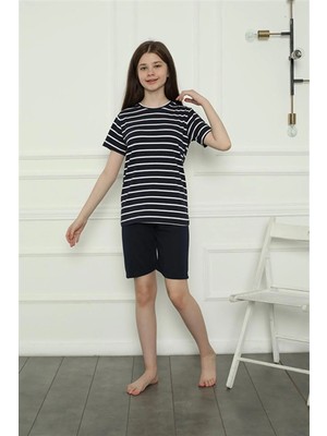 Pileli Store Kız Çocuk Penye Şortlu Pijama Takım Lacivert