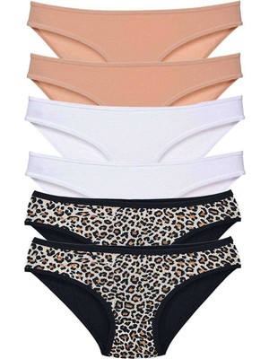 Pileli Store 6 Adet Likralı Kadın Slip Külot Leopar Ten Beyaz