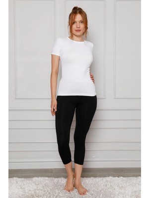 Pileli Store Penye Likralı Diz Altı Tayt Siyah