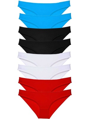 Pileli Store 8 Adet Süper Eko Set Likralı Kadın Slip Külot Siyah Kırmızı Beyaz Mavi