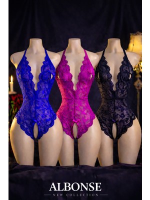 albonse Siyah-Saks-Fuşya Özel Bölgesi ve Sırtı Açık Dantel Detaylı Fantezi Gecelik Takım 3lü Avantajlı Paket