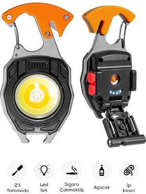 Lowell Home Çok Amaçlı LED Işıklı Anahtarlık – Çakmak, Tornavida, Şişe Açacağı, Type-C Şarjlı,