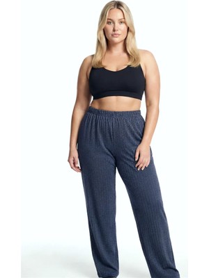 Pileli Store Kadın Lacivert Büyük Beden Cepli Pijama Altı Rahat Kesim Esnek Bel Günlük Ev Giyim Alt