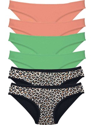 Pileli Store 6 Adet Likralı Kadın Slip Külot Leopar Pudra Yeşil