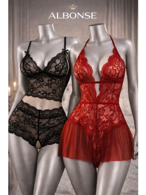albonse Siyah-Kırmızı Dantel Detaylı Zarif Özel Bölgeleri Açık Fantezi Gecelik Takımı 2 Li Avantajlı Paket