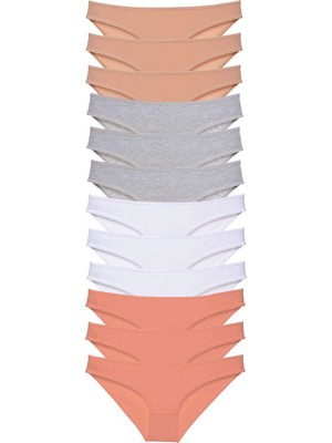 Pileli Store 12 Adet Süper Eko Set Likralı Kadın Slip Külot Ten Gri Beyaz Pudra