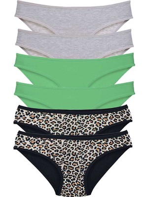 Pileli Store 6 Adet Likralı Kadın Slip Külot Leopar Gri Yeşil