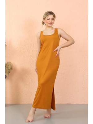 Pileli Store Kadın Kalın Askılı Yırtmaçlı Uzun Hardal Gecelik