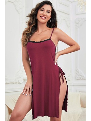 Pileli Store Kadın Bordo Cut Out Detaylı Yırtmaçlı Sexy Gecelik