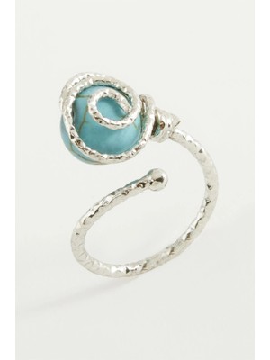 Pileli Store Çiçek Turkuaz Taşlı Metal Yüzük