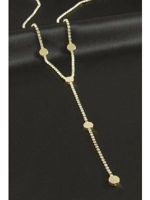 Pileli Store Yuvarlak Şerit Taşlı Çelik Y Kolye