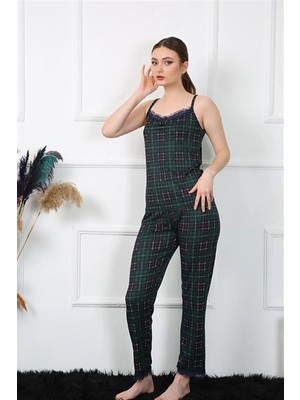Pileli Store Kadın Ip Askılı Yeşil Ekoseli Pijama Takım