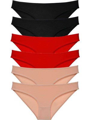Pileli Store 6 Adet Süper Eko Set Likralı Kadın Slip Külot Siyah Kırmızı Ten