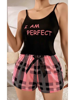 Pileli Store Kadın Siyah Kare Desenli Askılı Şortlu Pijama Takım 5012