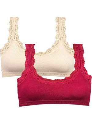 Pileli Store 2 Adet Dantel Nakış Işlemeli Pedli Bambu Kadın Büstiyer Krem Bordo