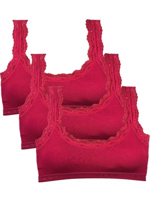 Pileli Store 3 Adet Dantel Nakış Işlemeli Pedli Bambu Kadın Büstiyer Bordo