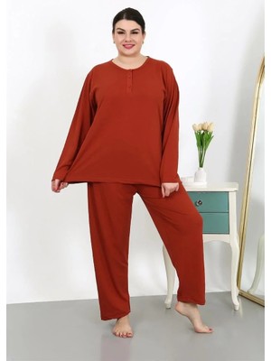 Pileli Store Kadın Büyük Beden Uzun Kol Penye Pijama Takımı Kiremit