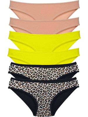 Pileli Store 6 Adet Likralı Kadın Slip Külot Leopar Ten Sarı