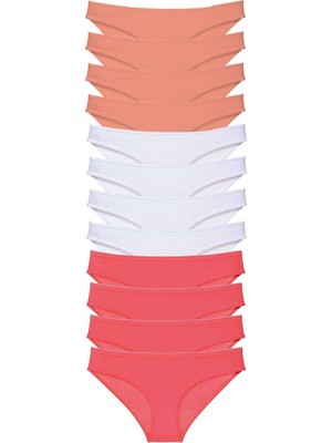 Pileli Store 12 Adet Süper Eko Set Likralı Kadın Slip Külot Pudra Beyaz Fuşya