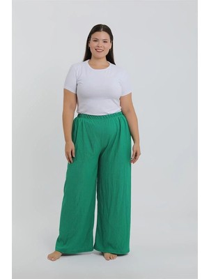 Pileli Store Kadın Büyük Beden Yeşil Rahat Kesim Baggy Tek Alt