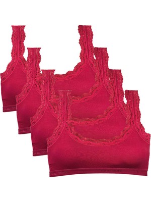 Pileli Store 4 Adet Dantel Nakış Işlemeli Pedli Bambu Kadın Büstiyer Bordo