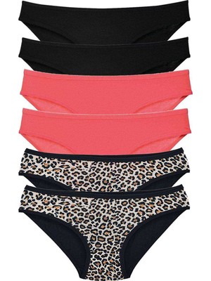 Pileli Store 6 Adet Likralı Kadın Slip Külot Leopar Siyah Fuşya