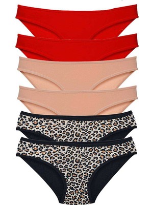 Pileli Store 6 Adet Likralı Kadın Slip Külot Leopar Kırmızı Ten