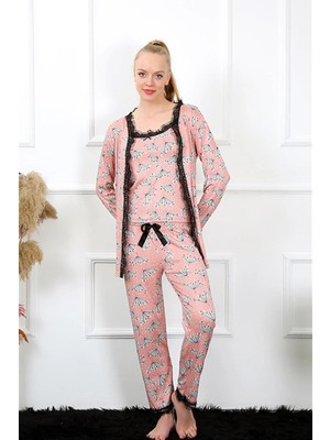 Pileli Store Kadın 3'lü Somon Sabahlık Pijama Takım