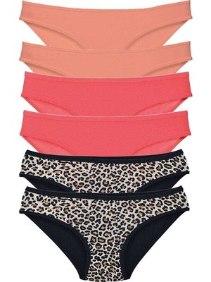 Pileli Store 6 Adet Likralı Kadın Slip Külot Leopar Pudra Fuşya