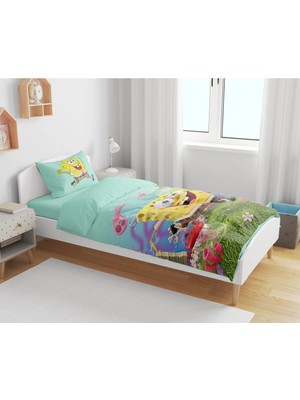 Sarel Group Süngerbob Baskılı 3D Tek Kişilik Çarşafsız Nevresim Takımı