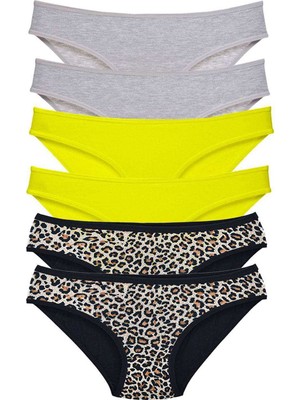 Pileli Store 6 Adet Likralı Kadın Slip Külot Leopar Gri Sarı