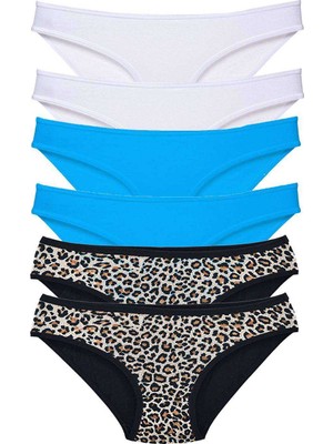 Pileli Store 6 Adet Likralı Kadın Slip Külot Leopar Beyaz Mavi