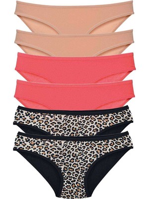 Pileli Store 6 Adet Likralı Kadın Slip Külot Leopar Ten Fuşya