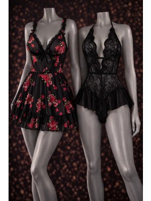 albonse Romantik Koleksiyon Siyah Dantel Fantazi Gecelik ve Çiçek Baskılı Tül Babydoll Kombin Set