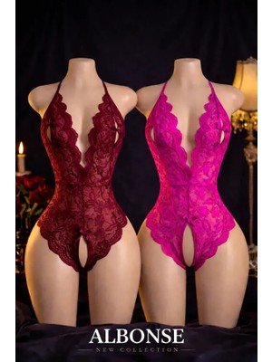 albonse Fuşya-Bordo Özel Bölgesi ve Sırtı Açık Dantel Detaylı Fantezi Gecelik Takım