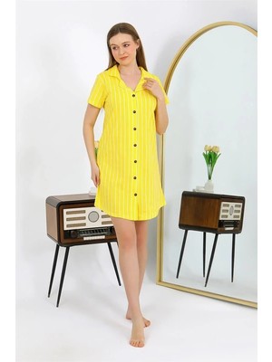 Pileli Store Kadın Pamuk Penye Kısa Kol Düğmeli Sarı Tunik Gecelik