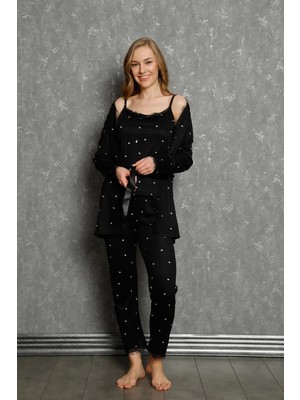 Pileli Store Kadın 3'lü Sabahlık Pijama Takım Siyah