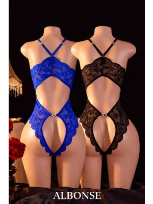 albonse Mavi-Siyah Özel Bölgesi ve Sırtı Açık Dantel Detaylı Fantezi Gecelik Takım