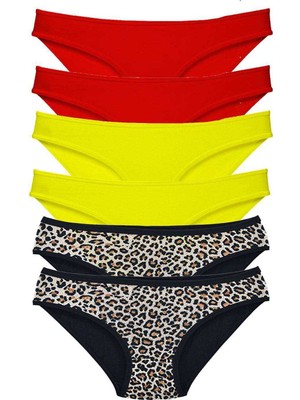 Pileli Store 6 Adet Likralı Kadın Slip Külot Leopar Kırmızı Sarı