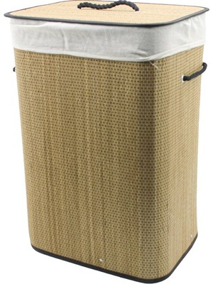 Pileli Store Dikdörtgen Hasır - Ahşap Kirli Çamaşır Sepeti 42X32X60CM Seyyar Kapaklı Içi Bezli Ip Ku