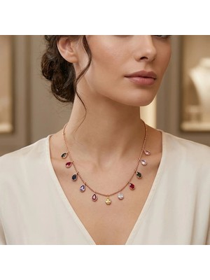 Pigado 925 Ayar Gümüş Damla Kolye Renkli Taşlı Rose