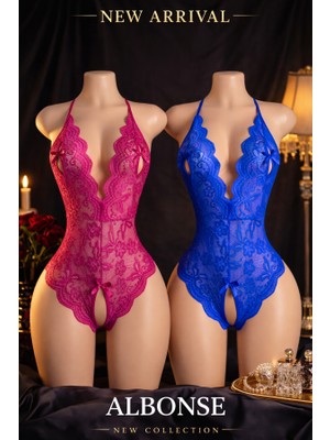 albonse Mavi-Fuşya Özel Bölgesi ve Sırtı Açık Dantel Detaylı Fantezi Gecelik Takım