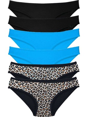 Pileli Store 6 Adet Likralı Kadın Slip Külot Leopar Siyah Mavi