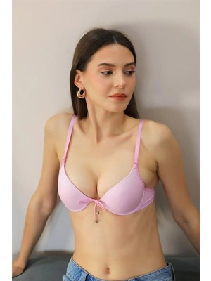 Pileli Store Kadın Destekli Balenli Önden Açılır Dekolteli Sütyen Lila