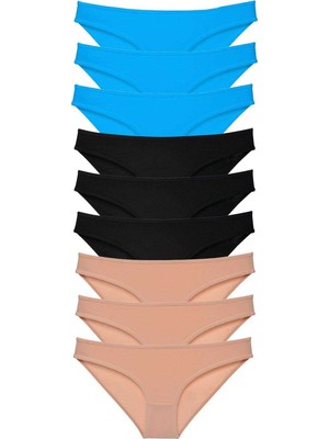 Pileli Store 9 Adet Süper Eko Set Likralı Kadın Slip Külot Siyah Ten Mavi