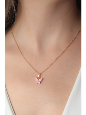 Pileli Store Gold Pembe Renk Kelebek Figür Kadın Kolye