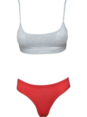 Pileli Store Pedli Ip Askılı Yarım Atlet Büstiyer Külot Takım Gri Kırmızı
