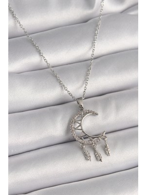 Pileli Store 316L Çelik Gümüş Renk Zincir Zirkon Taşlı Hilal Model Sallantı Yaprak Detay Kadın Kolye