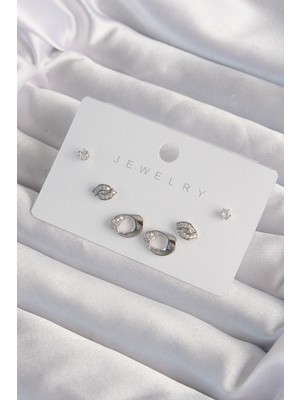 Pileli Store Pirinç Gümüş Renk Zirkon Taşlı Yaprak Model Küpe Seti
